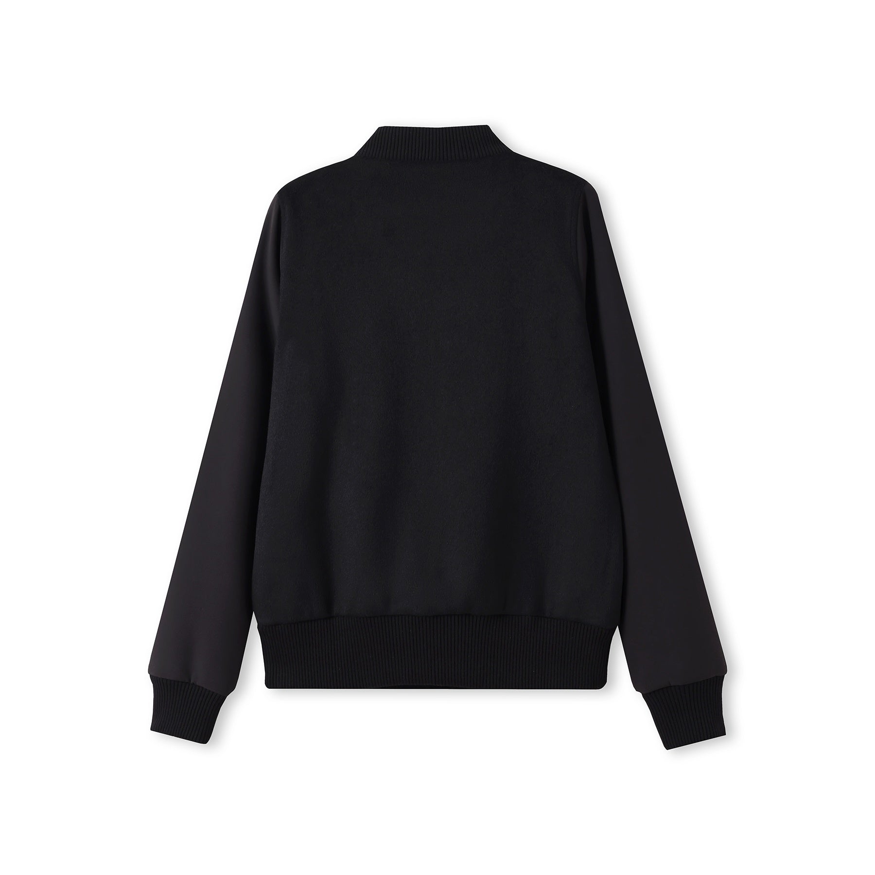 Black knit varsity wool blend ladies bomber jacket with ribbed cuffs and hem ideal for workwear and uniforms