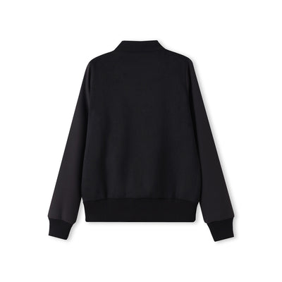 Black knit varsity wool blend ladies bomber jacket with ribbed cuffs and hem ideal for workwear and uniforms