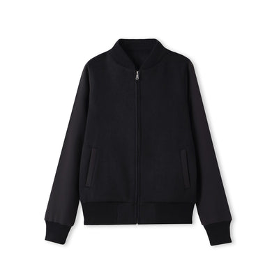 Black varsity wool blend ladies jacket with zip-up front ribbed cuffs and pockets perfect for workwear uniforms