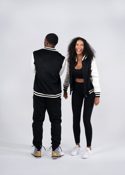 Black and white varsity wool blend ladies jacket with ribbed collar and cuffs ideal for work uniforms and workwear