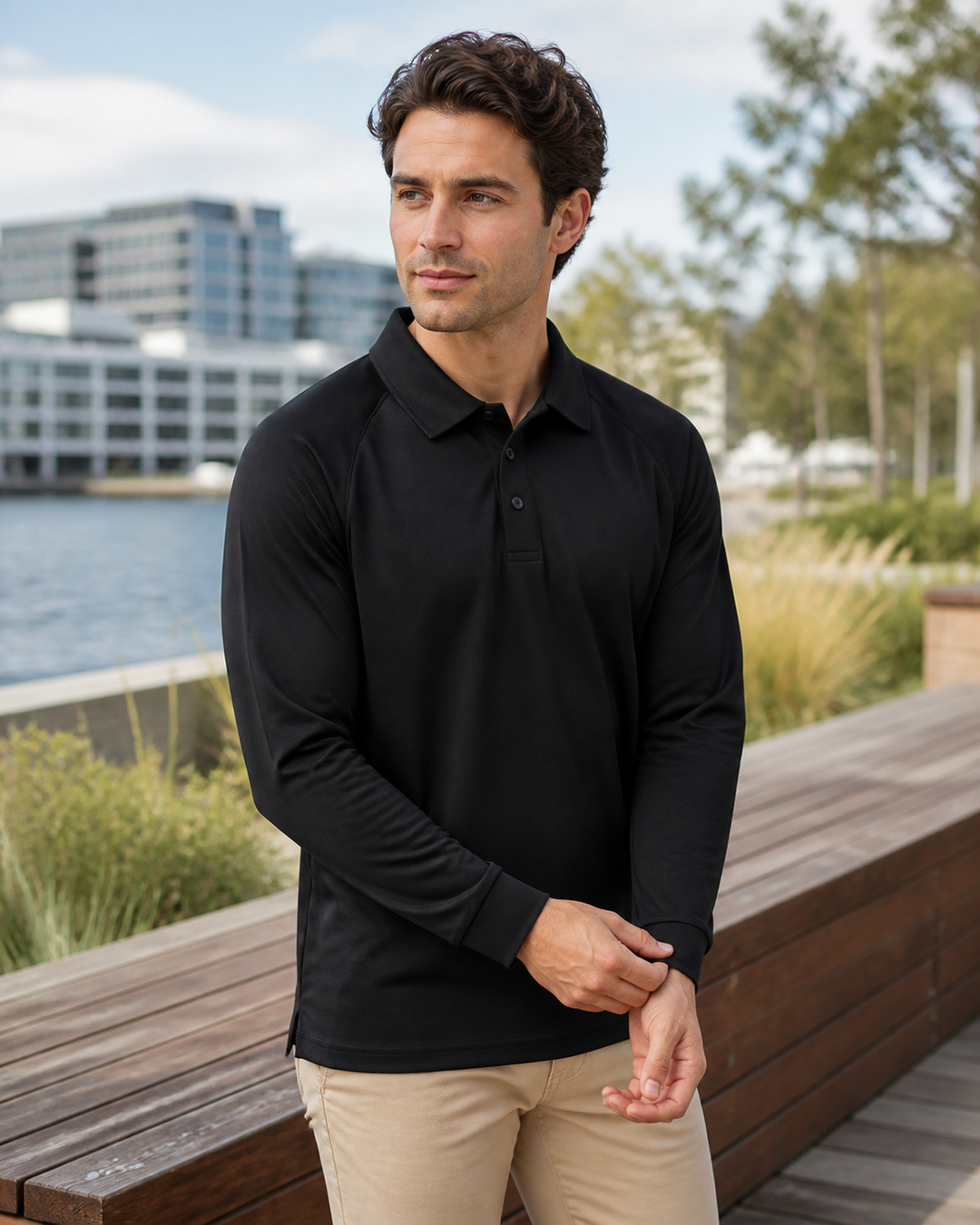 Australian male model wearing black Falcon long sleeve polo