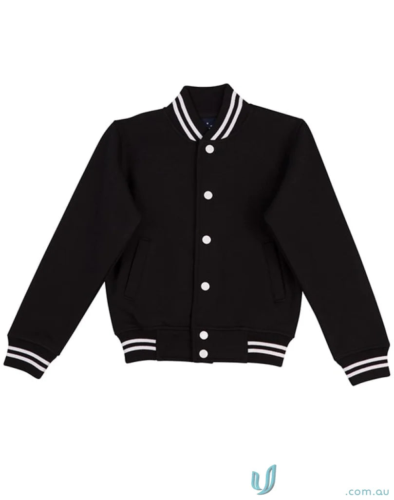 Black fleece varsity jacket with white trim showing the winning spirit fleece style