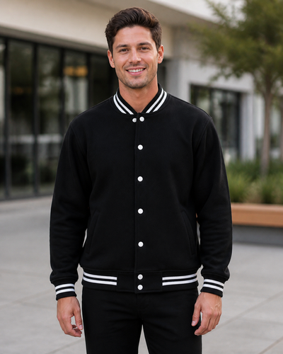 Fleece Varsity Jacket on Australian male model