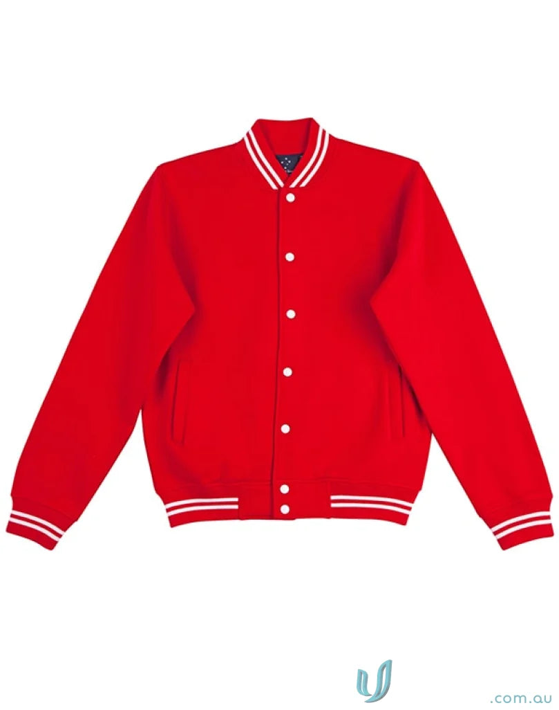 Red letterman jacket showcasing the fleece varsity jacket with winning spirit fleece feel