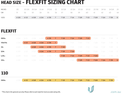 Head size chart for Flexfit Mesh Back Cap, perfect for branding and workwear uniforms