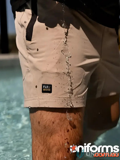 Water-resistant khaki Flx & Move™ 4-Way stretch elastic waist short in stretchy fabric