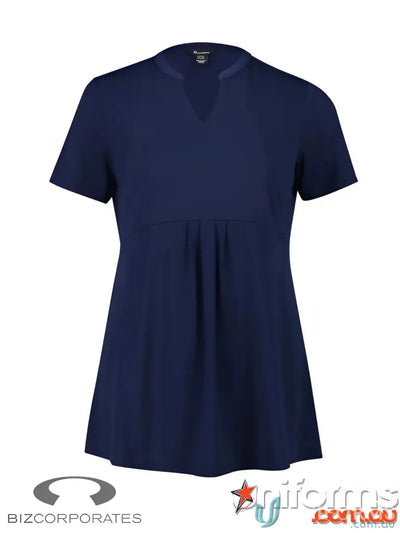Navy blue FMIG Ladies Easy Fit Top with V-neck and pleated front, perfect workwear