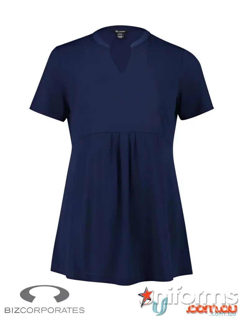 Navy blue FMIG Ladies Easy Fit Top with V-neck and pleated front, perfect workwear