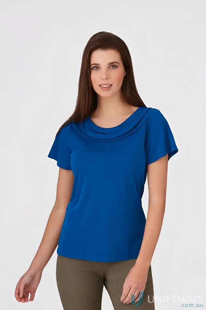 Eva knit style FMIG Ladies Knit SS Top in blue with cowl neck and olive green pants