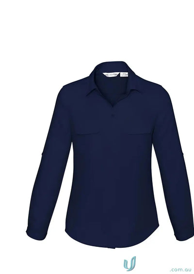 Navy blue FMIG EMb Ladies LS Blouse with mechanical stretch, perfect for work uniforms