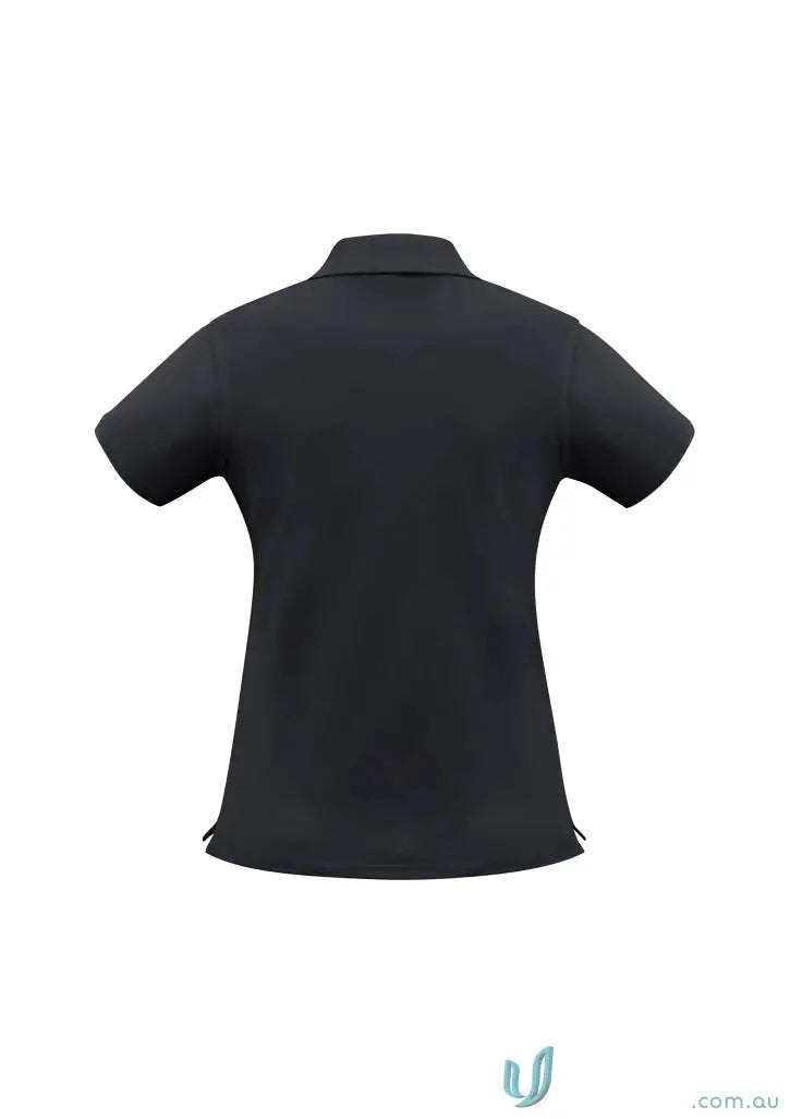 Black short-sleeved FMIG EMB Ladies Polo with white button placket for work uniforms