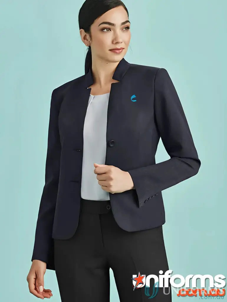 Woman in FMIG EMB Ladies Reverse Lapel Jacket, dark blue blazer, stylish uniforms
