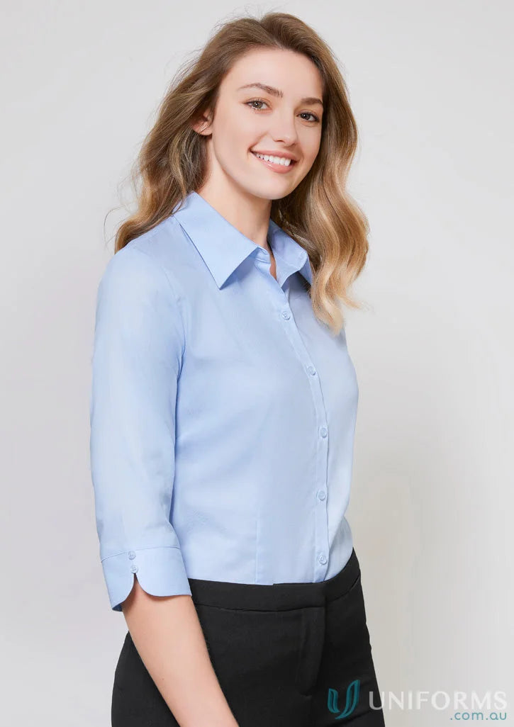 Light blue FMV EMB Ladies Premium Cotton Shirt with mini herringbone pattern for workwear