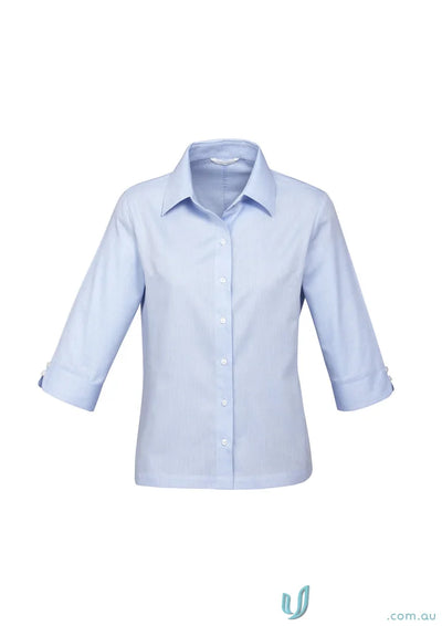 Light blue women’s three-quarter sleeve button-up shirt with mini herringbone pattern for workwear