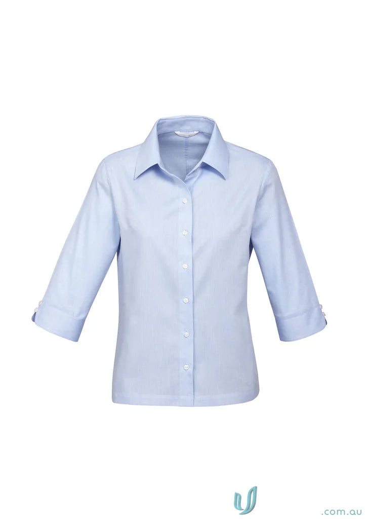 Light blue women’s three-quarter sleeve button-up shirt with mini herringbone pattern for workwear
