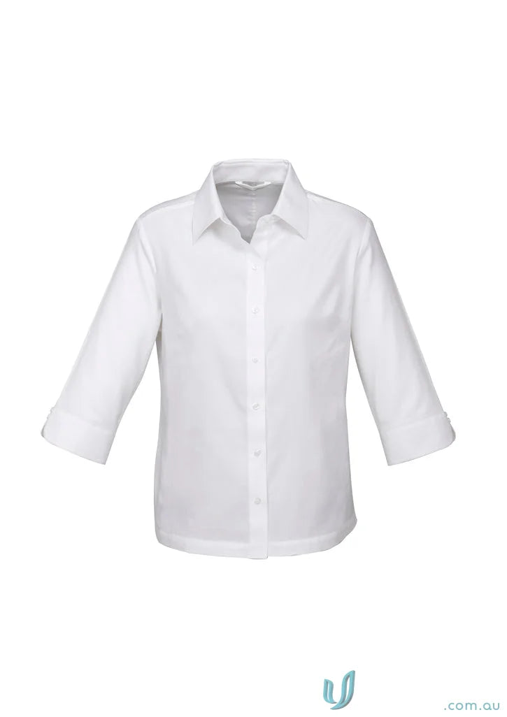 Women’s white FMV Ladies Premium Cotton Shirt with mini herringbone pattern for workwear