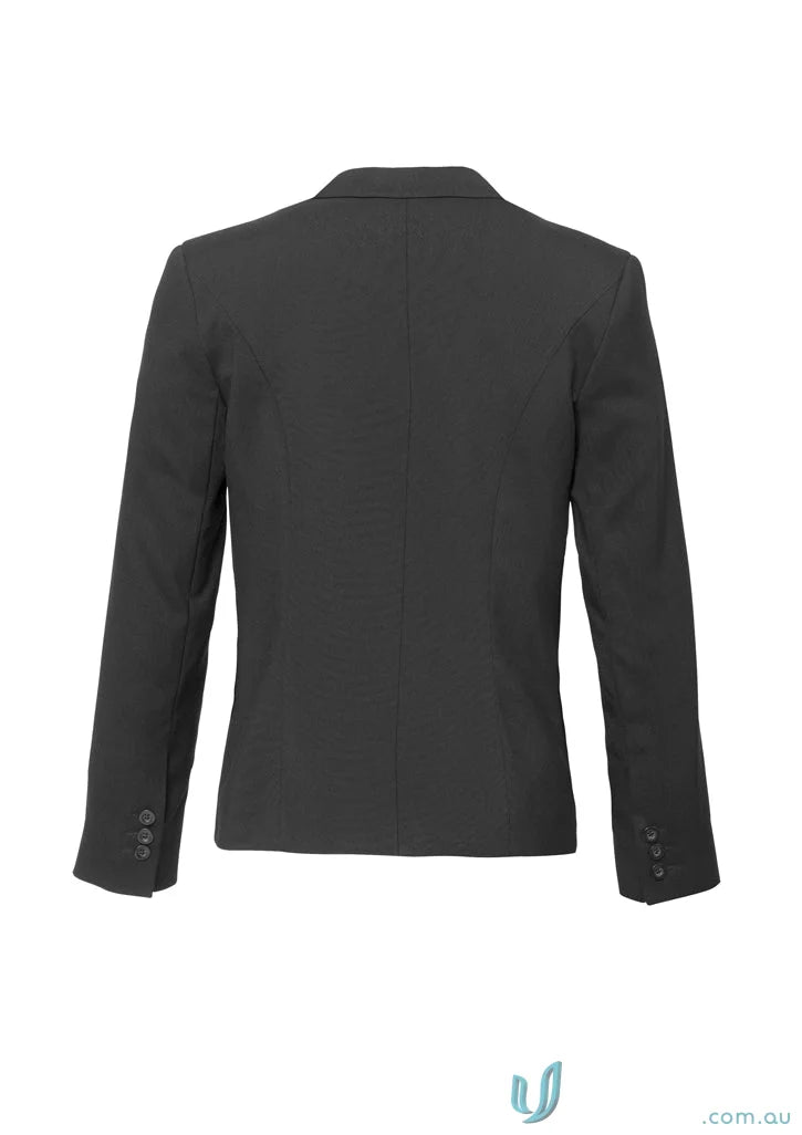 Dark gray women’s blazer with three buttons on cuffs, perfect fit for work uniforms