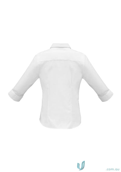 Plain white long-sleeved FMV Ladies Premium Cotton Shirt with folded cuffs, perfect for work environments or uniforms