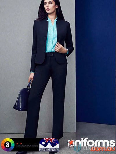 Woman’s navy business suit with relaxed fit straight leg pants for all-day wear