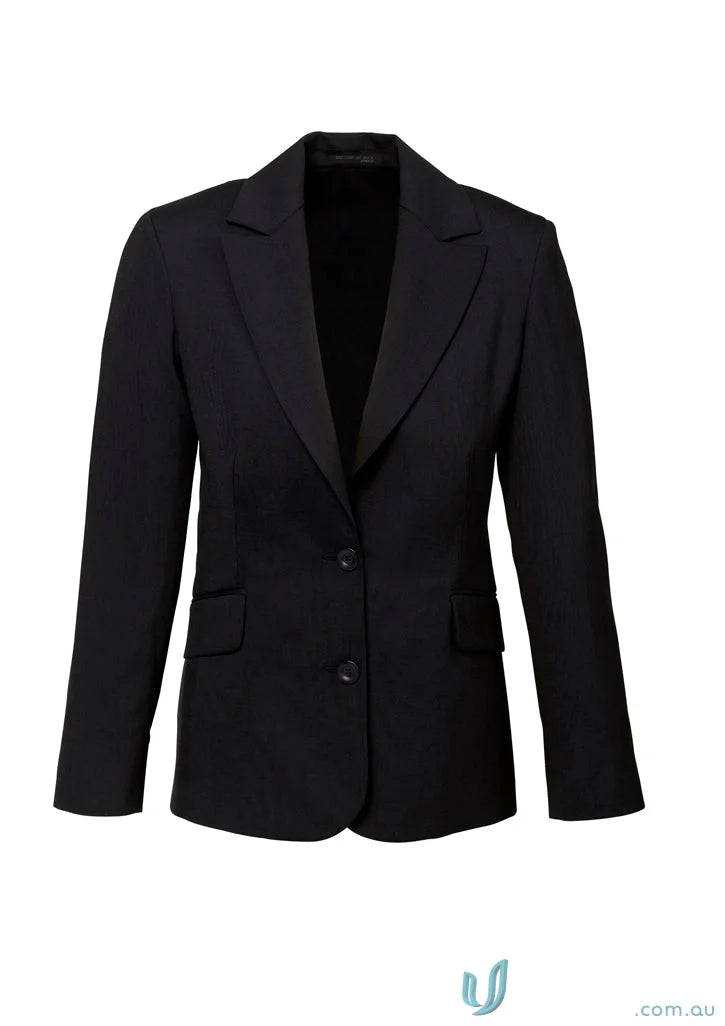 Black two-button blazer from FMV Longline Ladies Jacket, perfect for work uniform