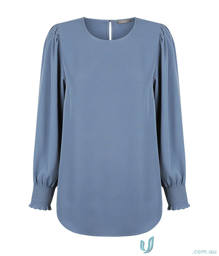 Blue Freya Shirred Cuff Soft Top made with luxe twill fabric and gathered cuffs
