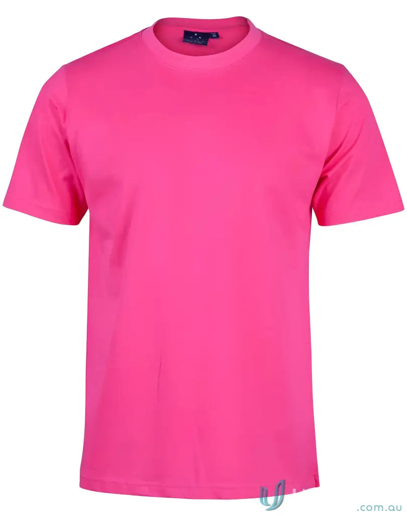 Bright pink crew neck t-shirt made of combed cotton for uniforms and workwear comfort