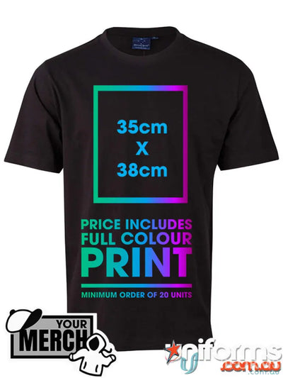 Black t-shirt with print area dimensions made from comfy combed cotton for uniforms or workwear
