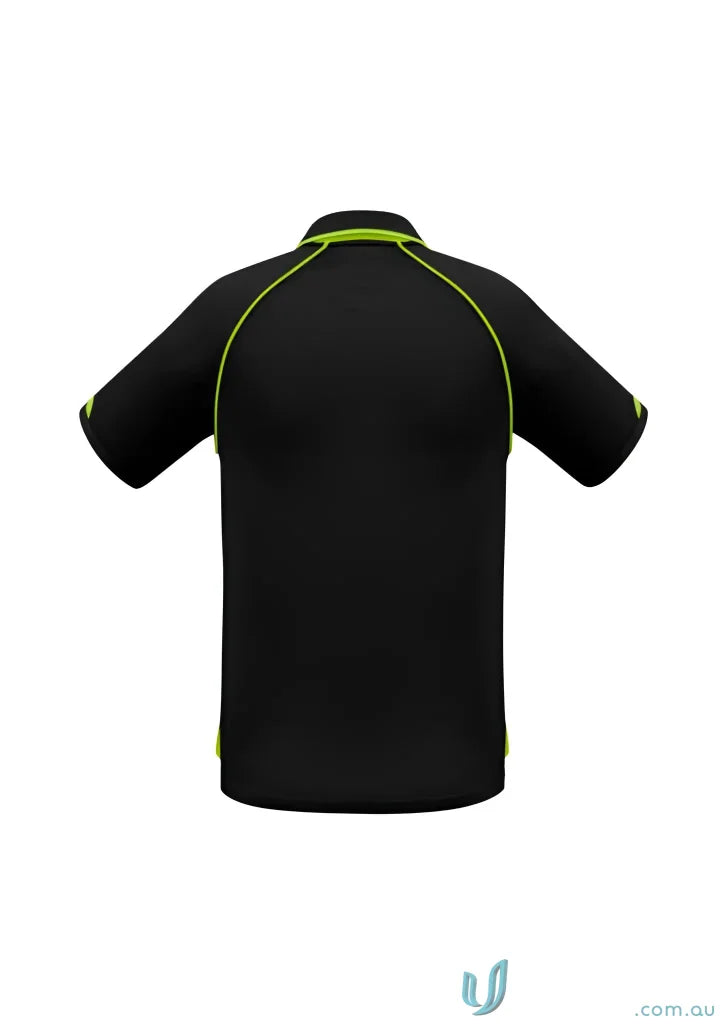Mens Fusion Short Sleeve Polo with hi-viz fluoro trims in black and neon green