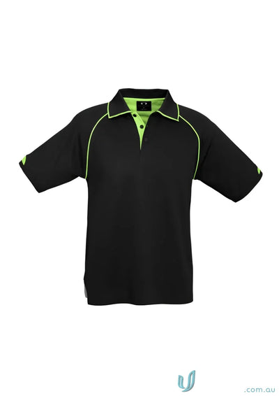 Mens Fusion Short Sleeve Polo with hi-viz fluoro trims and neon green collar