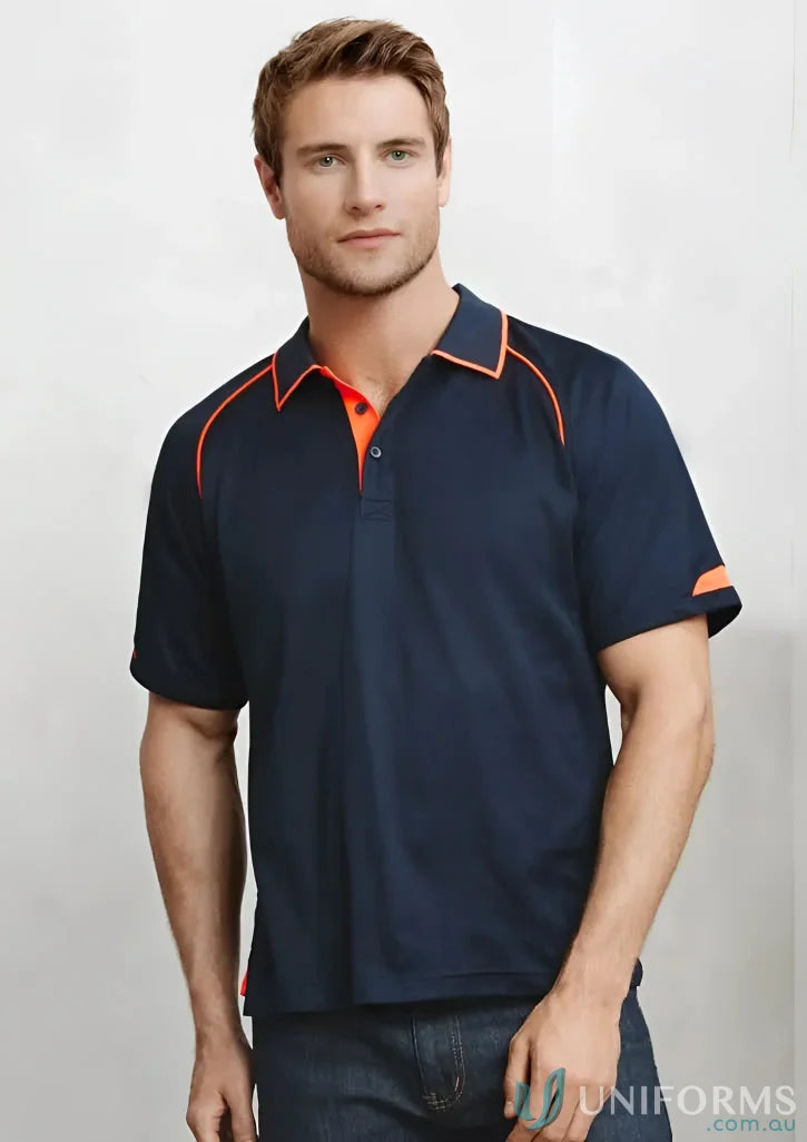 Mens Fusion Short Sleeve Polo with hi-viz fluoro trims in navy blue and orange