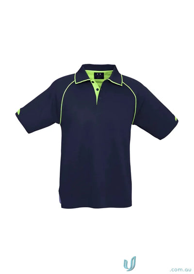 Mens Fusion Short Sleeve Polo with hi-viz fluoro trims in navy blue and lime green