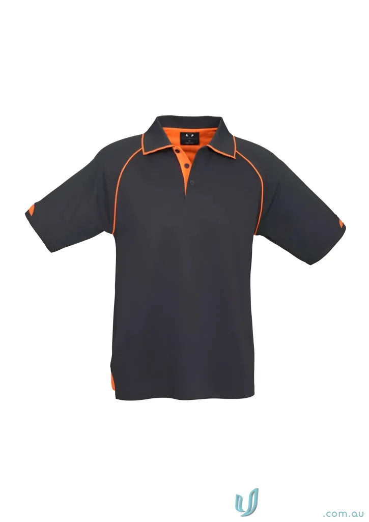 Mens Fusion Short Sleeve Polo with hi-viz fluoro trims and orange collar in Biz Collection Mens