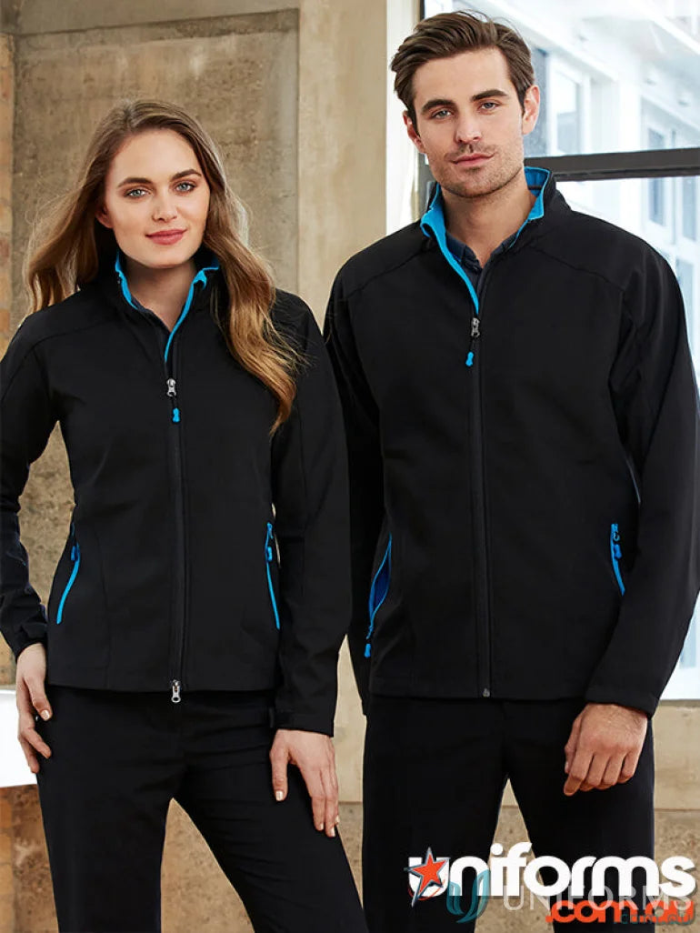 Matching black Geneva Softshell Jackets with blue accents from biz tech J307M collection