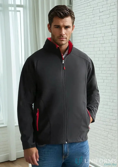 Geneva Gainsford Jacket in dark gray softshell with red accents and zippers for biz tech