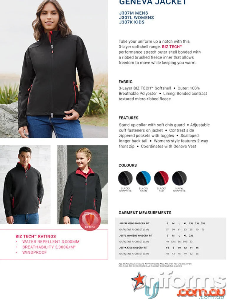 Geneva jacket product ad featuring Geneva Softshell Jacket with biz tech J307M branding