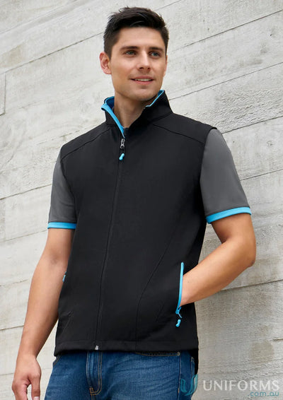 Black Geneva Softshell Vest with blue trim from J404M Collection Mens and Biz Collection Mens