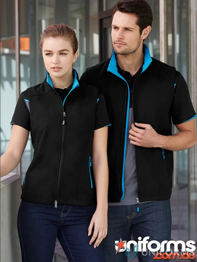 Geneva Softshell Vest from J404M Collection Mens with matching black vest and blue trim