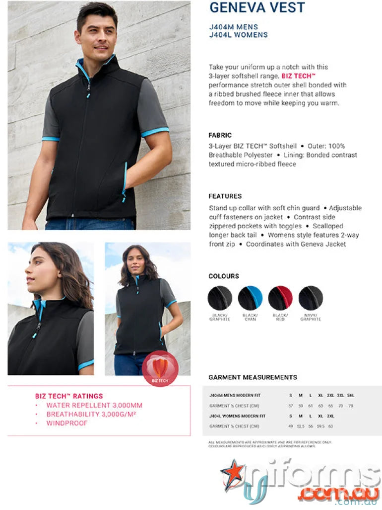 Geneva Softshell Vest info from J404M Collection Mens Biz Collection Mens