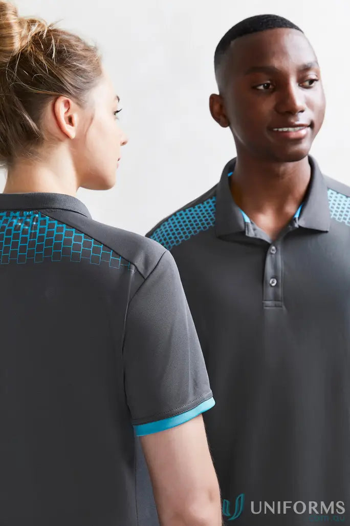Matching gray Galaxy Polo short sleeve with blue accents, perfect for p900ms or casual style
