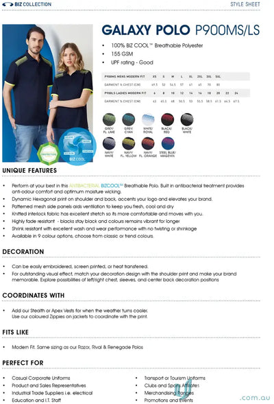 Galaxy Polo product sheet showcasing the P900MS Galaxy short sleeve polo style