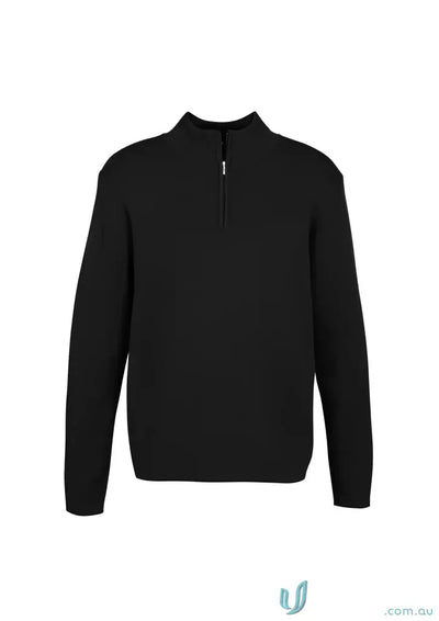 Black quarter-zip sweater from the Half Zip Merino Rich Pullover collection showcasing premium fabric