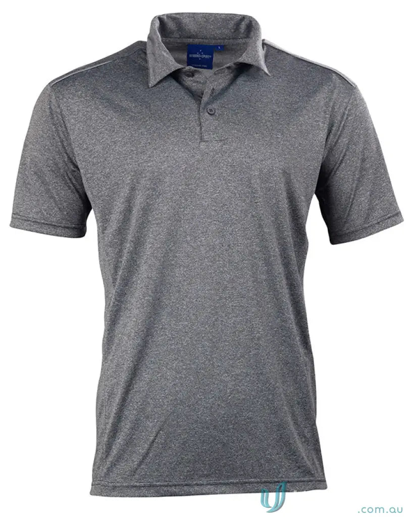 Gray short sleeve polo shirt from Harland Polo made with rapid cool cationic fabric