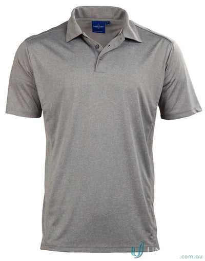 Gray short-sleeved polo shirt from Harland Polo with rapid cool cationic fabric
