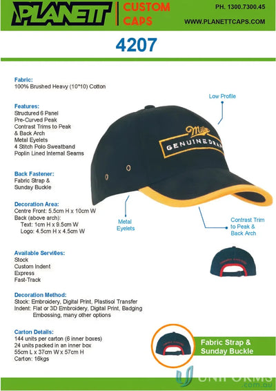 Customizable black and gold baseball cap with Peak and Arch Trim in stock range