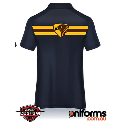 Navy polo shirt with hawk emblem.