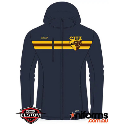 Navy hooded jacket with gold and brown stripes.