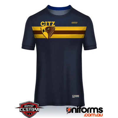 Navy blue t-shirt with gold and brown stripes.