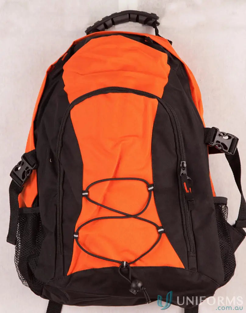 Orange and black Heart Foundation EMB Backpack with elastic lacing and easy access straps