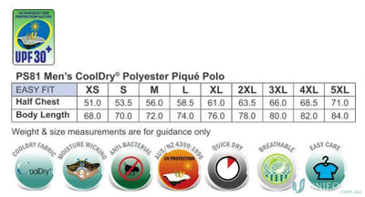 Size chart and features of Heart Foundation Men’s Polo with cooldry® polyester mini and flat knitted collar