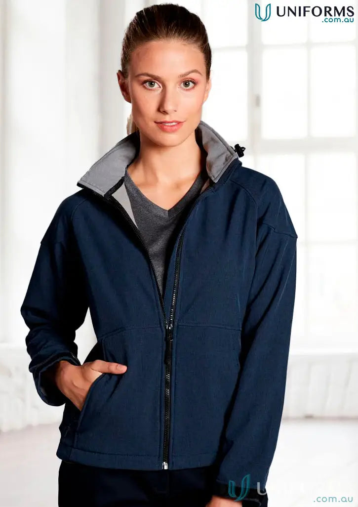 Navy blue Heart Foundation Ladies Softshell Jacket with hi-tech 4-way stretch and Aspen hooded style